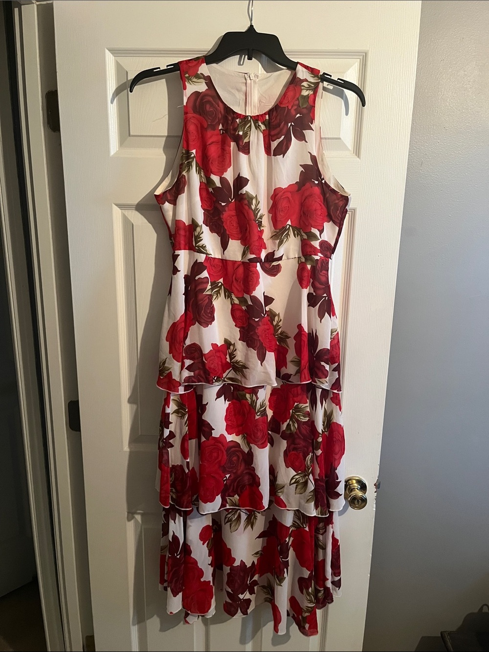 SHEIN White Midi Dress with Red Rose Print